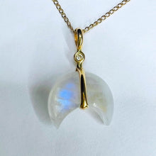 Load image into Gallery viewer, 14k Yellow Gold Crescent Moonstone & Diamond Necklace 15" Solid 585 Gold 2.4g