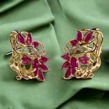 Load image into Gallery viewer, 14k Yellow Gold 3 cttw Natural Ruby & Diamond Earrings Marquise Cluster Floral