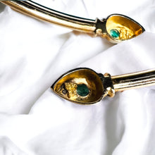 Load image into Gallery viewer, 10k Yellow Gold Natural Emerald & Diamond Bracelet 7" Bypass Flex Bangle 3.6g