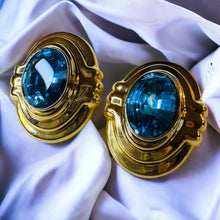 Load image into Gallery viewer, 14k Yellow Gold LARGE Blue Topaz Earrings Vintage 32mm Studs Omega Backs 14.6g