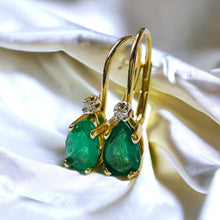 Load image into Gallery viewer, 10k Gold Diamond & Natural Emerald Earrings 1 CTTW Leverback Hoop Earrings 1.2g