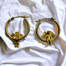 Load image into Gallery viewer, 14k Gold Cherub Hoop Earrings 21mm Hoops Baby Angel Guardian Angel Hanging 2g