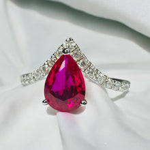 Load image into Gallery viewer, 10k White Gold Pear Cut Ruby Ring V Shaped Diamond Ring Size 5 Chevron Ring 1.4g