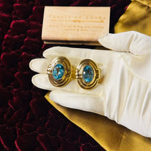 Load image into Gallery viewer, 14k Yellow Gold LARGE Blue Topaz Earrings Vintage 32mm Studs Omega Backs 14.6g