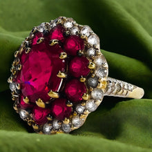 Load image into Gallery viewer, 10k Yellow Gold 2cttw Ruby Cluster Ring Size 7 Flower Ring 8mm Ruby 3.5g July Birthstone White Sapphire Ring Anniversary Gift for Wife