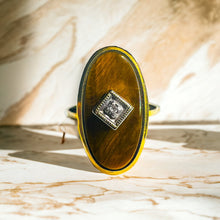Load image into Gallery viewer, Antique REAL GOLD 10k Yellow Gold Tigers Eye & Old Mine Cut Diamond Ring size 5