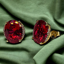 Load image into Gallery viewer, 10k Yellow Gold 4cttw Ruby & Diamond Earrings 9mm Oval Cut 1.8g Ruby Stud Earrings July Birthstone Anniversary Gift for Wife Girlfriend