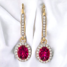 Load image into Gallery viewer, 14k Yellow Gold 2 CTTW Natural Ruby & Halo Diamond Lever Back Dangle Earrings