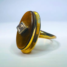 Load image into Gallery viewer, Antique REAL GOLD 10k Yellow Gold Tigers Eye & Old Mine Cut Diamond Ring size 5