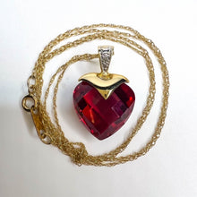 Load image into Gallery viewer, 10k Yellow Gold Ruby Diamond Necklace 18" BIG 13mm Heart Briolette Red Ruby 3.3g
