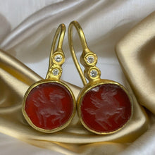 Load image into Gallery viewer, 23k Gold Agate Pegasus Intaglio Diamond Earrings 18k Gold Ancient Mythology 3.7g
