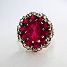 Load image into Gallery viewer, 10k Yellow Gold 2cttw Ruby Cluster Ring Size 7 Flower Ring 8mm Ruby 3.5g July Birthstone White Sapphire Ring Anniversary Gift for Wife