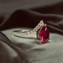 Load image into Gallery viewer, 10k White Gold Pear Cut Ruby Ring V Shaped Diamond Ring Size 5 Chevron Ring 1.4g