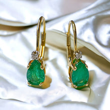 Load image into Gallery viewer, 10k Gold Diamond & Natural Emerald Earrings 1 CTTW Leverback Hoop Earrings 1.2g