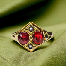 Load image into Gallery viewer, Antique 10k Gold Garnet Seed Pearl Ring Sz 7.75 Rose Cut Victorian c1890's 1.9g