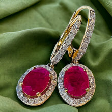 Load image into Gallery viewer, 14k Yellow Gold 2 CTTW Natural Ruby & Halo Diamond Lever Back Dangle Earrings