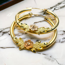 Load image into Gallery viewer, 10k Yellow Gold Hoop Earrings 24mm Hoops Rose Gold Flower Earrings 1.5g