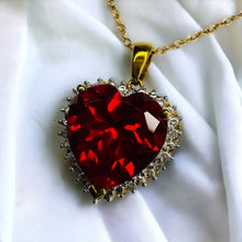 Load image into Gallery viewer, 10k Yellow Gold Ruby & Diamond Necklace 18" LARGE 12mm Heart Cut Red Ruby 6.2Cttw Halo Diamond Pendant 3.4g Ruby Necklace