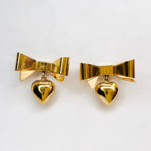 Load image into Gallery viewer, Vintage 14k Yellow Gold Bow and Heart Drop Earrings Solid 585 Gold 19mm 3.1g Christmas Ribbon Anniversary Gift for Wife