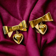 Load image into Gallery viewer, Vintage 14k Yellow Gold Bow and Heart Drop Earrings Solid 585 Gold 19mm 3.1g Christmas Ribbon Anniversary Gift for Wife