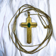 Load image into Gallery viewer, 14k Yellow Gold Emerald Cross Necklace 27" Vintage BRAM Natural Emerald Retro 6g