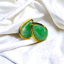 Load image into Gallery viewer, 14k Gold Jade Stud Earrings Teardrop Pear Cabochon Apple Green Jadeite Jade 1.7g