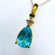 Load image into Gallery viewer, 10k Solid Gold 1.25ct Paraiba Apatite & Diamond Necklace 18" Vintage Luxury 1.5g