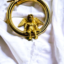 Load image into Gallery viewer, 14k Gold Cherub Hoop Earrings 21mm Hoops Baby Angel Guardian Angel Hanging 2g