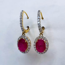 Load image into Gallery viewer, 14k Yellow Gold 2 CTTW Natural Ruby & Halo Diamond Lever Back Dangle Earrings