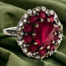 Load image into Gallery viewer, 10k Yellow Gold 2cttw Ruby Cluster Ring Size 7 Flower Ring 8mm Ruby 3.5g July Birthstone White Sapphire Ring Anniversary Gift for Wife