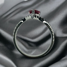 Load image into Gallery viewer, 10k White Gold Pear Cut Ruby Ring V Shaped Diamond Ring Size 5 Chevron Ring 1.4g