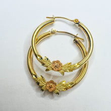 Load image into Gallery viewer, 10k Yellow Gold Hoop Earrings 24mm Hoops Rose Gold Flower Earrings 1.5g