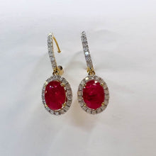 Load image into Gallery viewer, 14k Yellow Gold 2 CTTW Natural Ruby & Halo Diamond Lever Back Dangle Earrings