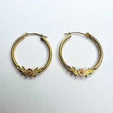 Load image into Gallery viewer, 10k Yellow Gold Hoop Earrings 24mm Hoops Rose Gold Flower Earrings 1.5g