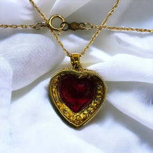 Load image into Gallery viewer, 10k Yellow Gold Ruby & Diamond Necklace 18" LARGE 12mm Heart Cut Red Ruby 6.2Cttw Halo Diamond Pendant 3.4g Ruby Necklace