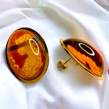 Load image into Gallery viewer, Antique 14k Gold Amber Cameo Earrings 30 CTTW Vintage Carved Oval Cabochons 7.7g