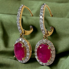 Load image into Gallery viewer, 14k Yellow Gold 2 CTTW Natural Ruby & Halo Diamond Lever Back Dangle Earrings