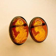 Load image into Gallery viewer, Antique 14k Gold Amber Cameo Earrings 30 CTTW Vintage Carved Oval Cabochons 7.7g