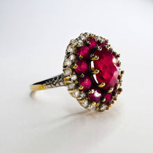 Load image into Gallery viewer, 10k Yellow Gold 2cttw Ruby Cluster Ring Size 7 Flower Ring 8mm Ruby 3.5g July Birthstone White Sapphire Ring Anniversary Gift for Wife