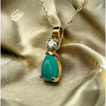 Load image into Gallery viewer, 14k Gold Natural Turquoise & Diamond Necklace 18" Pear Cut Cabochon Solitaire 1g