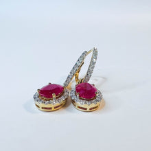 Load image into Gallery viewer, 14k Yellow Gold 2 CTTW Natural Ruby & Halo Diamond Lever Back Dangle Earrings