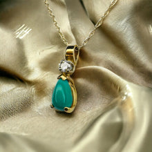 Load image into Gallery viewer, 14k Gold Natural Turquoise & Diamond Necklace 18" Pear Cut Cabochon Solitaire 1g