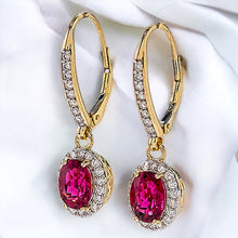 Load image into Gallery viewer, 14k Yellow Gold 2 CTTW Natural Ruby & Halo Diamond Lever Back Dangle Earrings