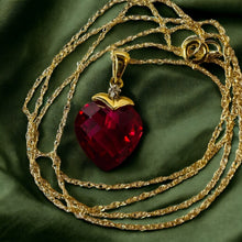 Load image into Gallery viewer, 10k Yellow Gold Ruby Diamond Necklace 18" BIG 11mm Heart Briolette Red Ruby 1.8g