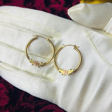 Load image into Gallery viewer, 10k Yellow Gold Hoop Earrings 24mm Hoops Rose Gold Flower Earrings 1.5g