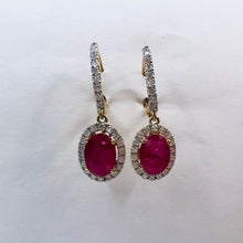 Load image into Gallery viewer, 14k Yellow Gold 2 CTTW Natural Ruby & Halo Diamond Lever Back Dangle Earrings