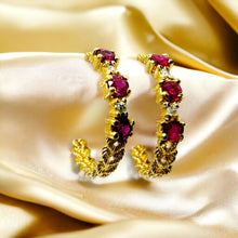 Load image into Gallery viewer, 14k Gold Diamond & Natural Ruby Earrings 3/4 CTTW Rope J Hook Half Hoops 2.5g