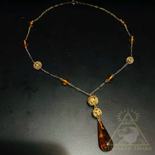 Load image into Gallery viewer, Solid 14k Yellow Gold Amber Necklace 16" Antique Filigree Station Necklace 4.4g
