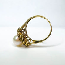 Load image into Gallery viewer, 14k Yellow Gold 7mm Pearl 1/2cttw Double Halo Diamond Ring Size 4.5 Cluster 3.2g