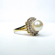 Load image into Gallery viewer, 14k Yellow Gold 7mm Pearl 1/2cttw Double Halo Diamond Ring Size 4.5 Cluster 3.2g